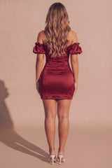Wine Satin Bardot Off The Shoulder Bodycon Mini Dress - Alisa