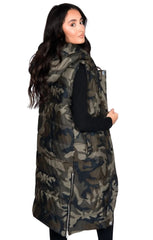 Camo Sleeveless Longline Midi Zip Up Hooded Puffer Gilet - Terri