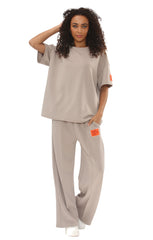 Beige Oversized Relaxed Fit with Lengthy Tee and Wide-Leg Trousers-Arielle
