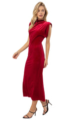 Red Velvet Shoulder Pad Midi Dress- Miea