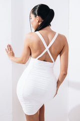 White Slinky Ruched Plunge Bodycon Mini Dress - Azaria