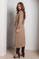 Camel Faux Suede Belted Longline Trench Coat-Velmira