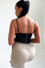 Black Strappy Square Neck Satin Corset Style Top - Amber
