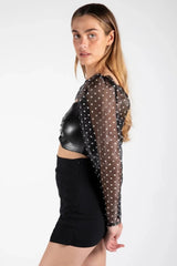 Black Sheer Polka Dot Mesh Long Sleeve Leather PU Crop Top - Esmera