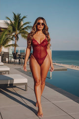 Wine Floral & Stripped Lace Cup Detail Strappy Plunge Bodysuit - Chantal