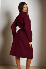 Wine Double Breasted Black Button Detail Belted Trench Coat - Eliana