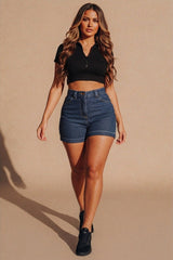 Mid Blue High Waisted Roll Hem Denim Shorts - Maura