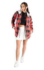 Red Check Hooded Fleece Shacket- Gilo