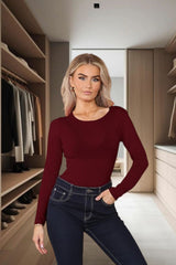 Wine Long Sleeve Round Neck Slinky Bodysuit - Layla
