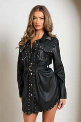 Black Stud Detail PU Shirt Dress with Curved Hem & Self Fabric Belt - Claire