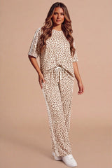 Beige Leopard Print Oversized Loungewear Set With Side Stripe Detail- Orlina