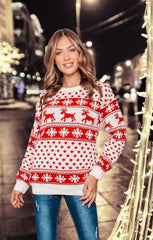 Cream Reindeer And Snowflake Print Long Sleeve Knit Christmas Jumper - Holly