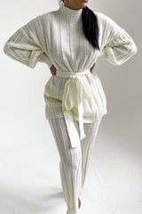 Cream High Neck Belted Knit Loungewear Set - Alliyah