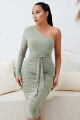 Sage One Shoulder Ruched Slinky Midi Dress - Savannah