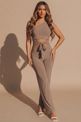 Mocha Tie Front Slinky Wide Leg One Shoulder Jumpsuit - Heather