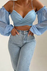 Blue Strappy Cold Shoulder Puff Sleeve Crop Top - Alessia