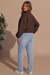 Chocolate Zip Front Windbreaker Balloon Sleeve Jacket -Tiarn