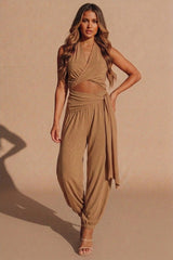 Camel Halterneck Wrap Crop Top & Jogger Co-Ord Set - Tehlan