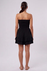 Black Shirred Bandeau Frill Hem Playsuit-Lureva
