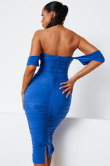 Royal Blue Bardot Cowl Neck Ruched Midi Dress - Malia