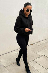 Black Oversized Matching Drawstring Rib Cuff & Hem Pocket Hoodie - Melissa