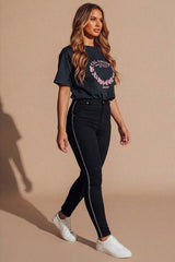 Black Satin with Lace Trim Midi Jeans- Celestra