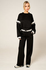 Black Oversized Striped Sleeves Sweatshirt With Trouser Co Ord Set - Floranique