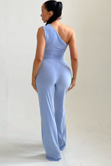 Light Blue Tie Front Slinky Wide Leg One Shoulder Jumpsuit - Heather