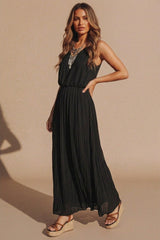 Black Pleated Sleeveless V Neck Maxi Dress - Tresya