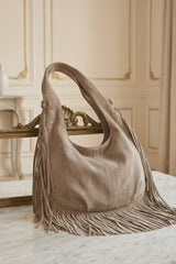 Taupe Faux Suede Fringe Shoulder Bag - Minba
