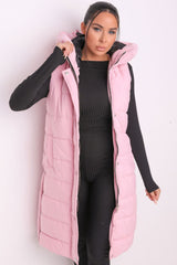 Pink Sleeveless Longline Midi Zip Up Hooded Puffer Gilet - Terri