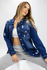 Blue Dark Wash Distressed  Ripped Denim Jacket - Finian