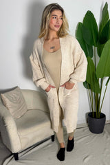 Stone Knitted Long Sleeve Pocket Detail Ribbed Cardigan - Leanne