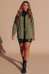 Khaki Distressed Oversized Shacket With Rock & Roll Back Slogan - Roina