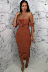 Rust Bardot Cowl Neck Ruched Midi Dress - Malia