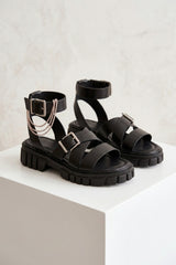 Black Chunky Buckle Strap Ankle Sandals - Sora