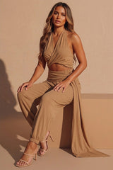 Camel Halterneck Wrap Crop Top & Jogger Co-Ord Set - Tehlan