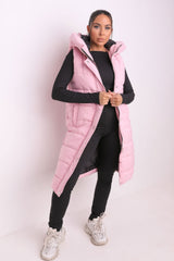 Pink Sleeveless Longline Midi Zip Up Hooded Puffer Gilet - Terri