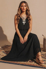Black Pleated Sleeveless V Neck Maxi Dress - Tresya