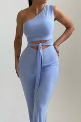 Light Blue Tie Front Slinky Wide Leg One Shoulder Jumpsuit - Heather