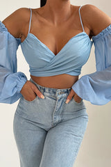 Blue Strappy Cold Shoulder Puff Sleeve Crop Top - Alessia