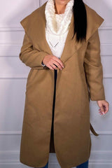 Camel Waterfall Duster Belted Long Coat - Pola