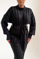 Black High Neck Belted Knit Loungewear Set - Alliyah