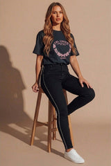Black Satin with Lace Trim Midi Jeans- Celestra