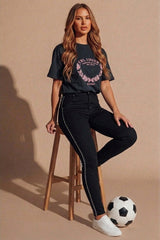 Black Satin with Lace Trim Midi Jeans- Celestra