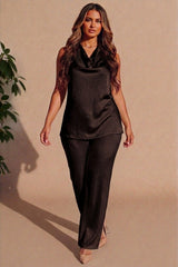 Chocolate Cowl Neck Sleeveless Top & Wide Leg Trouser Set - Wynas