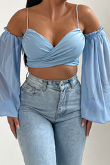 Blue Strappy Cold Shoulder Puff Sleeve Crop Top - Alessia