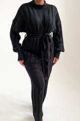 Black High Neck Belted Knit Loungewear Set - Alliyah