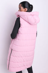 Pink Sleeveless Longline Midi Zip Up Hooded Puffer Gilet - Terri