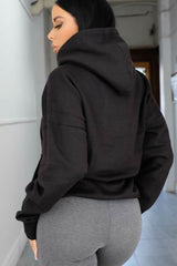 Black Oversized Matching Drawstring Rib Cuff & Hem Pocket Hoodie - Melissa